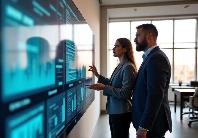 Business analyst reviewing AI-generated charts with a client